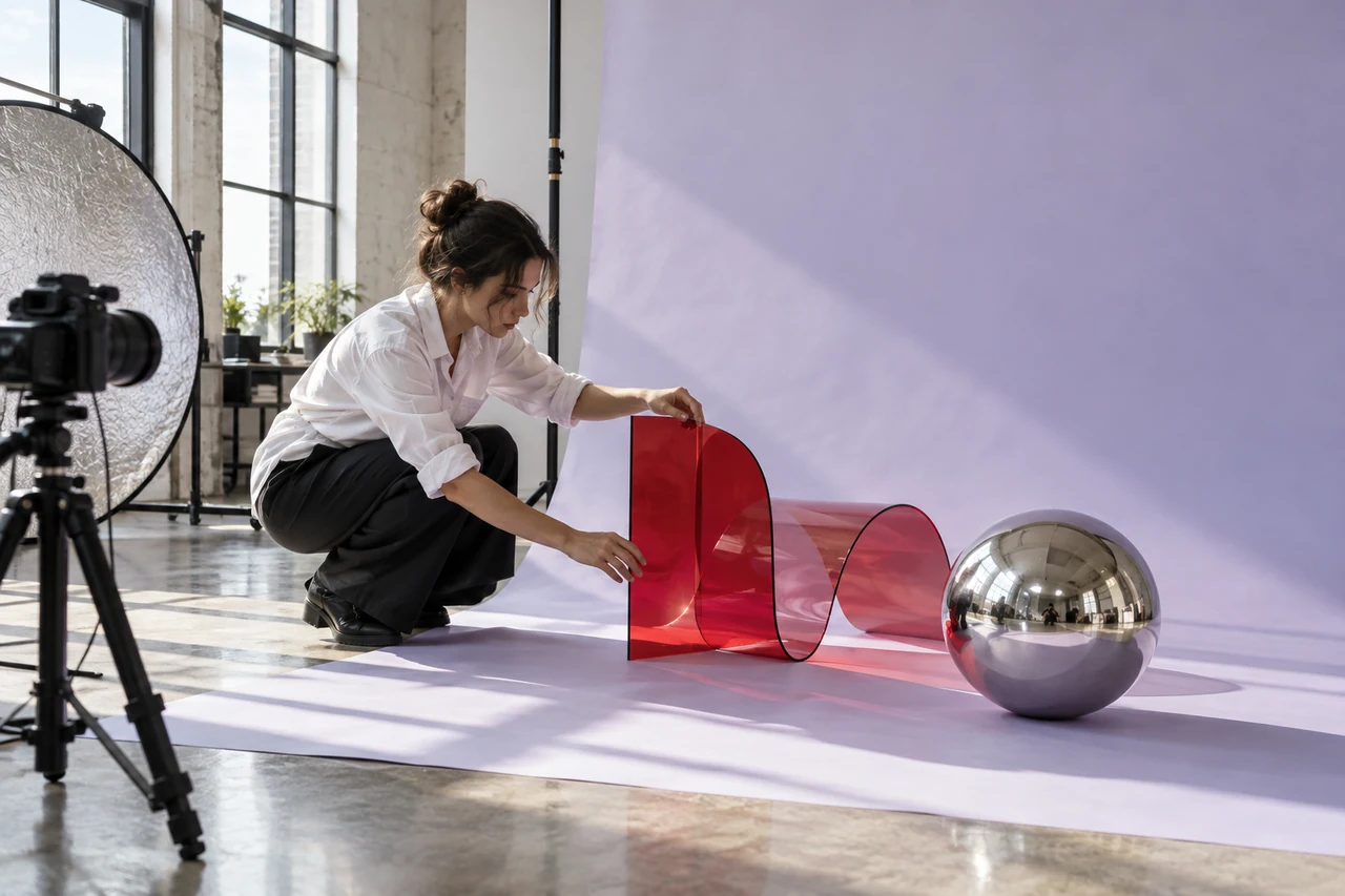 Photographer adjusting red acrylic and a chrome sphere against lilac