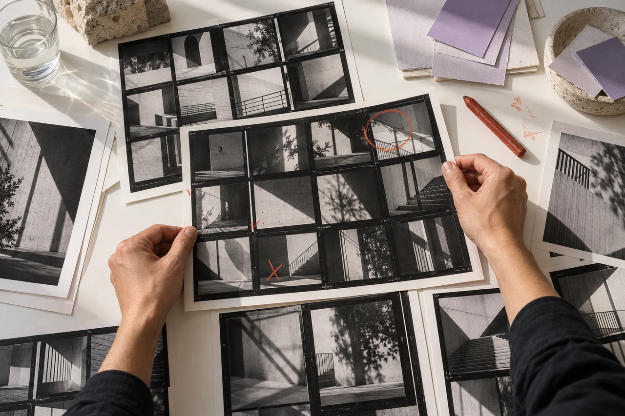 Hands editing photographic contact sheets