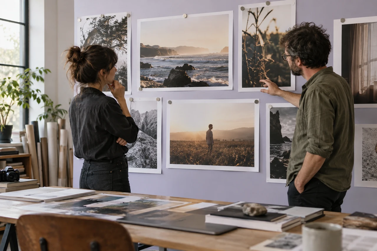 Two art directors discussing large photographic prints
