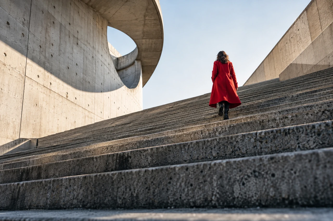 Photographer framing concrete stairs and a figure in red