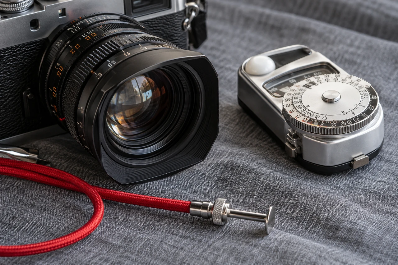 Camera lens with red cable release and a silver light meter