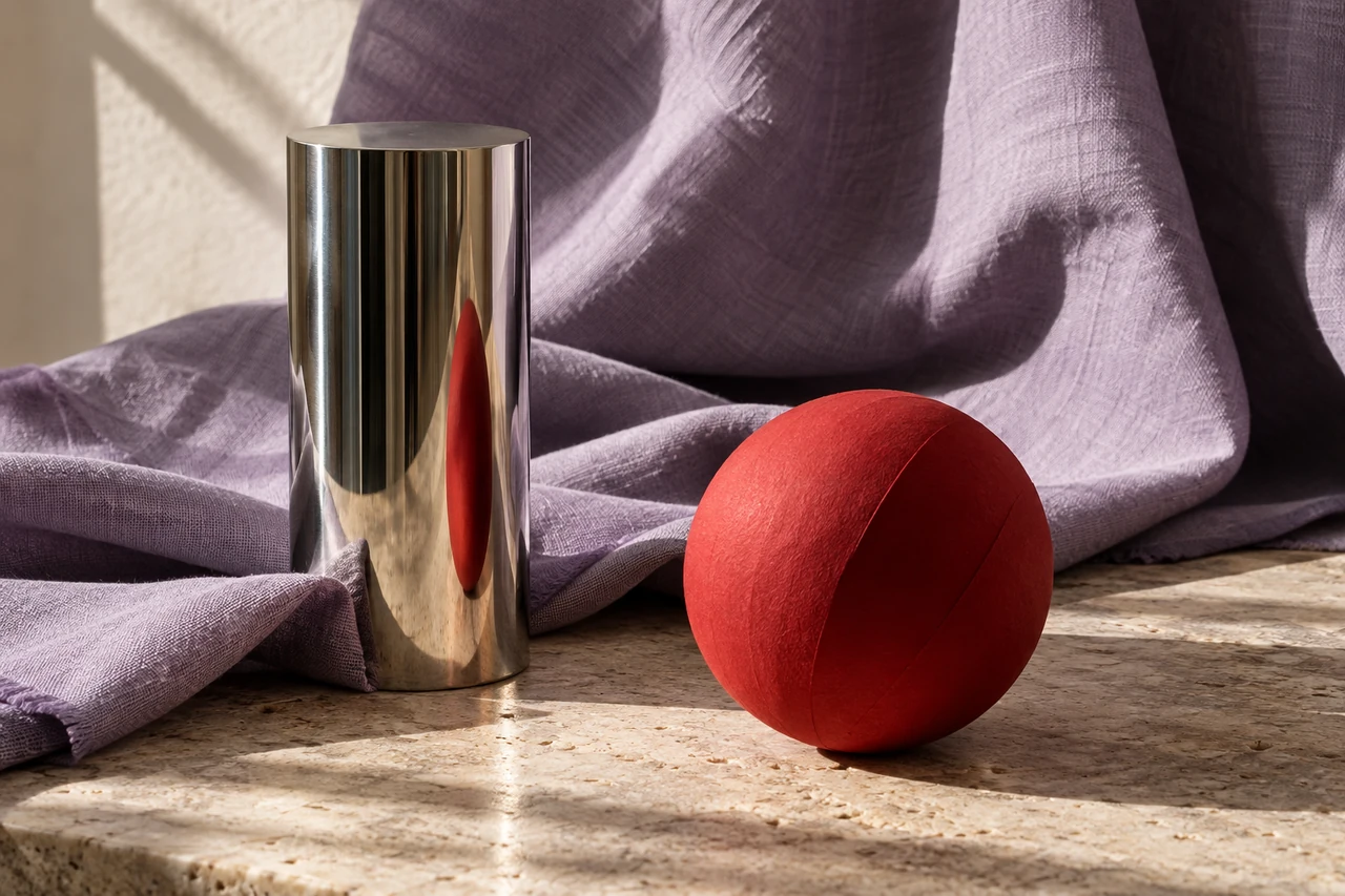 Lilac cloth and sculptural red and chrome objects in raking light