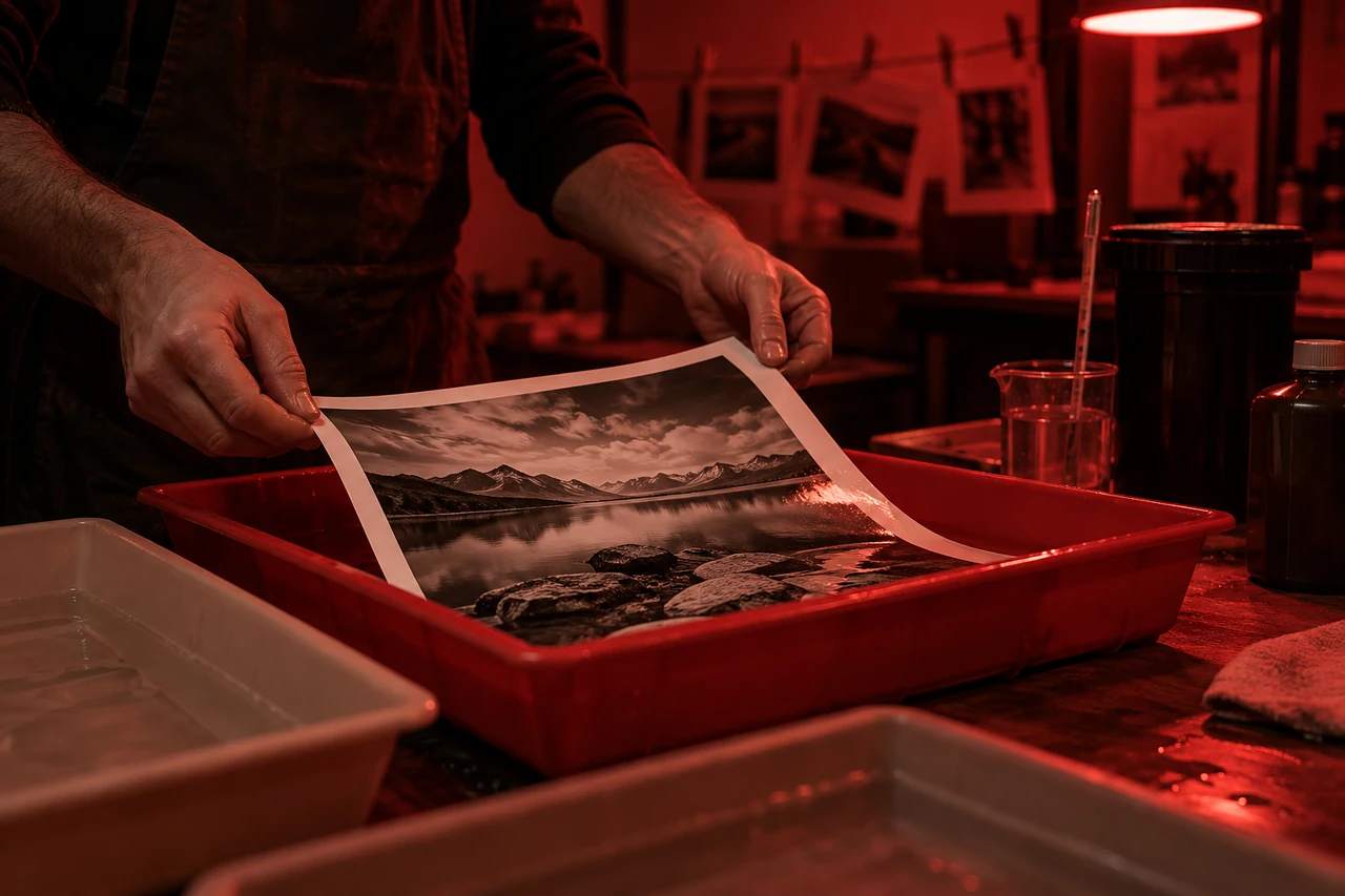Hands lifting a photographic print from a darkroom tray