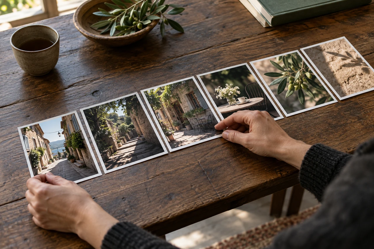 Photo postcards arranged into an urban sequence